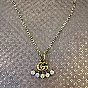 Antiqued/Bronzed Gold GG Pendant with Iridescent Crystals Necklace